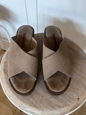 Bionatura Taupe Suede Crisscross Slide Sandals